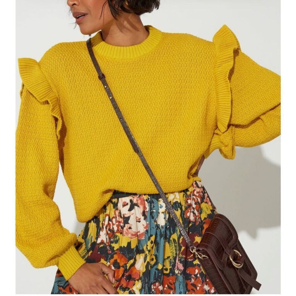 CLEOBELLA Yara Sweater Flutter Sleeve Knit‎ Sweater Citron Yellow Size Medium